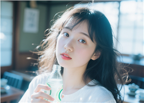 手持矿泉水的清新女孩图片